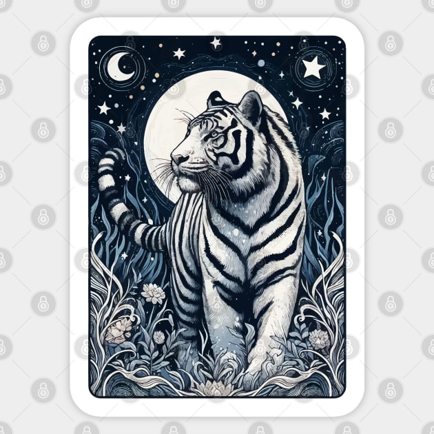 Monochromatic White Tiger In Jungle At Night Sticker by TomFrontierArt